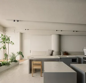 Open living space with modern kitchen, dining, and living areas, featuring natural light, a potted plant, and a sink