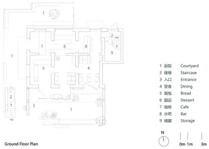 A modern house floor plan with various rooms and connections, featuring concrete walls and a sleek contemporary design