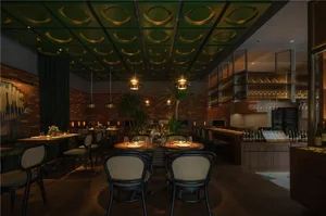 Sophisticated dining space with wooden accents, wine glasses, and comfortable seating