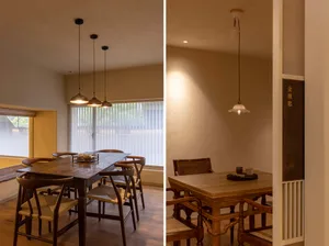 Warm and inviting dining space with wooden furniture, lamps, and a cozy atmosphere