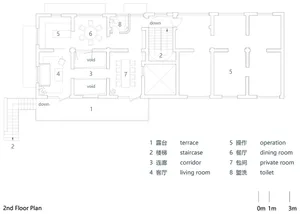 Architectural floor plan of a modern building with concrete and wood materials, featuring living rooms, bedrooms, dining areas, staircases, hallways, and balconies