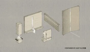 2D floor plan of a simple building with a large wooden doorway, a bench, and a toilet, featuring a long hallway and practical design