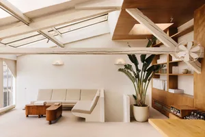 A modern living room with white walls, two couches, a chair, and potted plants, featuring a well-lit and inviting atmosphere