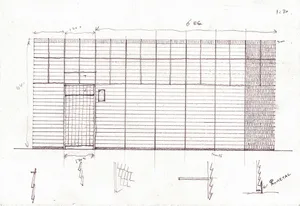 A detailed floor plan of an office or residential building with various rooms and spaces, drawn in black ink on white paper
