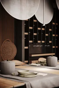Elegant dining space with wooden tables, wine glasses, and comfortable seating