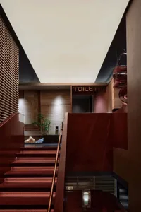 Interior bathroom with wooden floors and walls, featuring two staircases, a sink area, and a potted plant