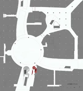 Architectural drawing of a modern building with a circular central area, surrounded by rooms, including a dining area and a kitchen, with a red object indicating a focal point