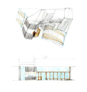 2D floor plan of a modern house with multiple levels, windows, and a basement