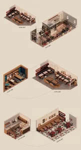A well-lit restaurant space with a mix of wood and metal materials, featuring multiple chairs, dining tables, and potted plants, creating a welcoming atmosphere