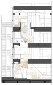Black and white architectural rendering of a building's interior with open and enclosed spaces, chairs, and a sense of elegance and sophistication