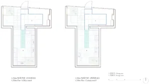 Top-down view of a modern office building with various rooms and spaces, including a kitchen area, with clean lines and minimalistic elements, predominantly white colors, and warm atmosphere created by natural and artificial light