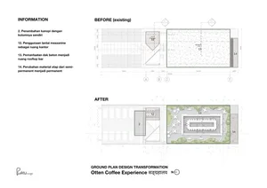 Before and after comparison of a building's ground plan design, featuring walls, doors, windows, and trees in the urban environment