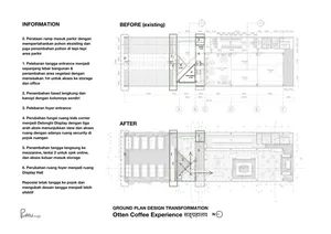 Architectural design transformation of a coffee shop featuring modern and sleek design, stainless steel, glass, and wood materials, and a well-lit inviting atmosphere
