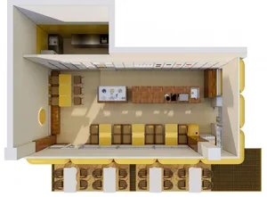 Modern kitchen and dining area with wooden cabinets, a dining table, and comfortable seating
