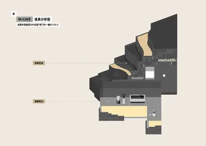 2D floor plan of a modern cafe with a dining area and kitchen, featuring linework, labels, and symbols