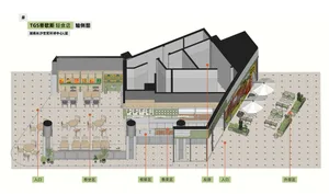 2D floor plan of a modern building with various rooms, furniture, and potted plants, featuring a mix of open and enclosed areas