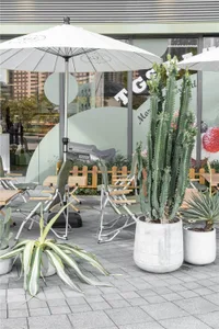 A patio area with wooden tables and chairs under umbrellas, surrounded by potted plants, creating a comfortable outdoor dining space