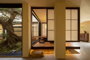 Cozy modern living space with a dining table, chairs, and a potted plant, surrounded by wooden walls and natural light