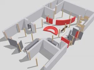 A 3D rendered living room with various furniture pieces, textured walls, and a cozy atmosphere