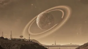 A futuristic cityscape with a large planet in the background, featuring modern and futuristic architecture, a bridge, and a blend of urban and extraterrestrial elements