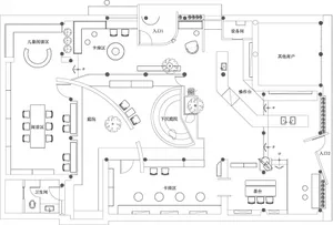 2D floor plan of a modern restaurant with various rooms, including dining areas, kitchens, and restrooms, featuring white surfaces and clean lines