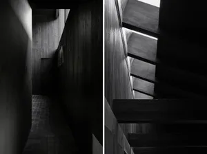 Black and white photos of a wooden staircase from different angles, showcasing its design and structure