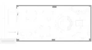 A large empty room with a white floor plan, featuring chairs and dining tables, with a focus on functionality and organization