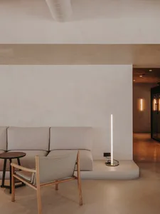 Empty living room with a couch, two chairs, a dining table, and a potted plant, creating a calm and inviting atmosphere