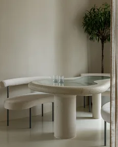 A modern dining space with a table, chairs, and three potted plants, surrounded by well-lit walls and a comfortable atmosphere