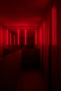 A dark and empty hallway with red walls and floors, lit by three lights on each side
