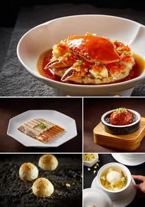 A collection of bowls and cups with seafood and other dishes, displayed on tables and countertops, highlighting culinary presentation