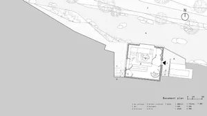 Black and white architectural drawing of a modern two-story house with a garden and trees, featuring a top-down layout with linework, labels, and measurements