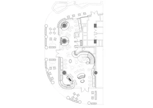 A 2D floor plan of a modern building interior with dining and lounge areas, featuring chairs and clean lines