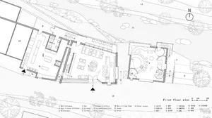 Detailed modern floor plan with labeled rooms, pool area, and natural light