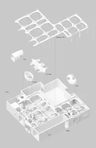 2D floor plan of a traditional home with various rooms and spaces, including living areas, bedrooms, and dining rooms, with diagrams showing furniture arrangement and layout