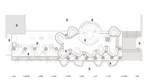 Architectural drawing of a modern building's interior with various rooms, clean lines, and minimalistic design elements