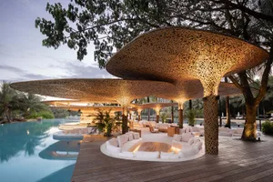 A relaxed outdoor patio area with wooden furniture, potted plants, and a large wooden structure, perfect for social gatherings or leisure time