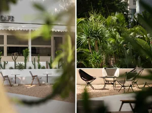 A relaxing outdoor patio with chairs, tables, and potted plants, shaded by umbrellas