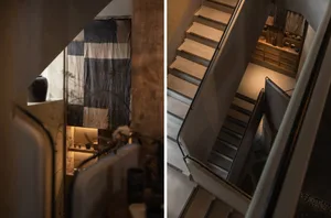 A modern staircase with a wooden railing, shown in a black and white photo and a rendered architectural scene, with a sense of depth and complexity
