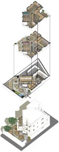 Architectural drawing of a modern building with multiple levels, dining areas, living rooms, and kitchens, featuring linework, labels, and measurements