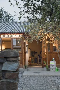 Cozy coffee shop interior with a stone wall, tiled roof, and potted plants, featuring chairs and cups scattered throughout the space