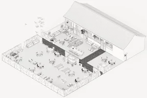 Modern dining space with multiple chairs and tables, benches, and a comfortable atmosphere