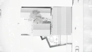 A calm and inviting public space with a modern building featuring a large window, a tree in front, and scattered chairs