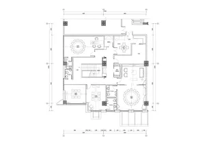 2D floor plan of a modern office space with multiple rooms, clean lines, and neutral tones, featuring furniture placements and natural lighting