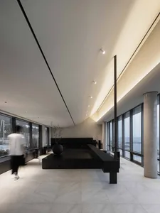 Open living space with a black countertop island, potted plants, vases, and a dining table, with two people present