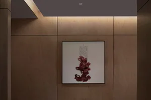 A colorful arrangement of red flowers on a white background, set in a gallery-like setting, with intricate details and a unique design