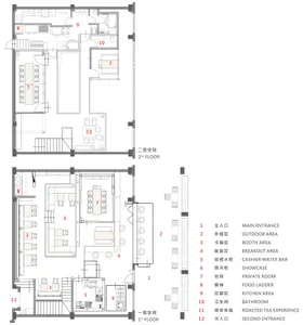 2D floor plan of a hotel with labeled dining, kitchen, lobby, and other functional zones, featuring a modern and sophisticated design