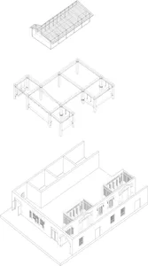 A modern floor plan featuring a predominantly white color scheme, clean lines, and minimalistic elements, with various rooms including a kitchen, dining area, living room, and bedroom, and natural light from windows