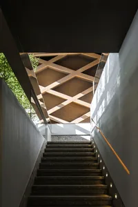 Modern staircase with wooden steps and metal railing, illuminated by sunlight from a window above