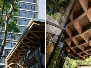 Modern museum with a glass facade and wooden interior, featuring a large glass wall and wooden ceiling, with natural light pouring in